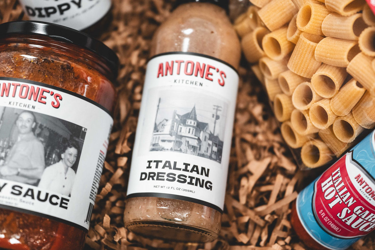 Antone's Sunday Sauce with Italian Dressing and Garlic Hot Sauce in a gift box
