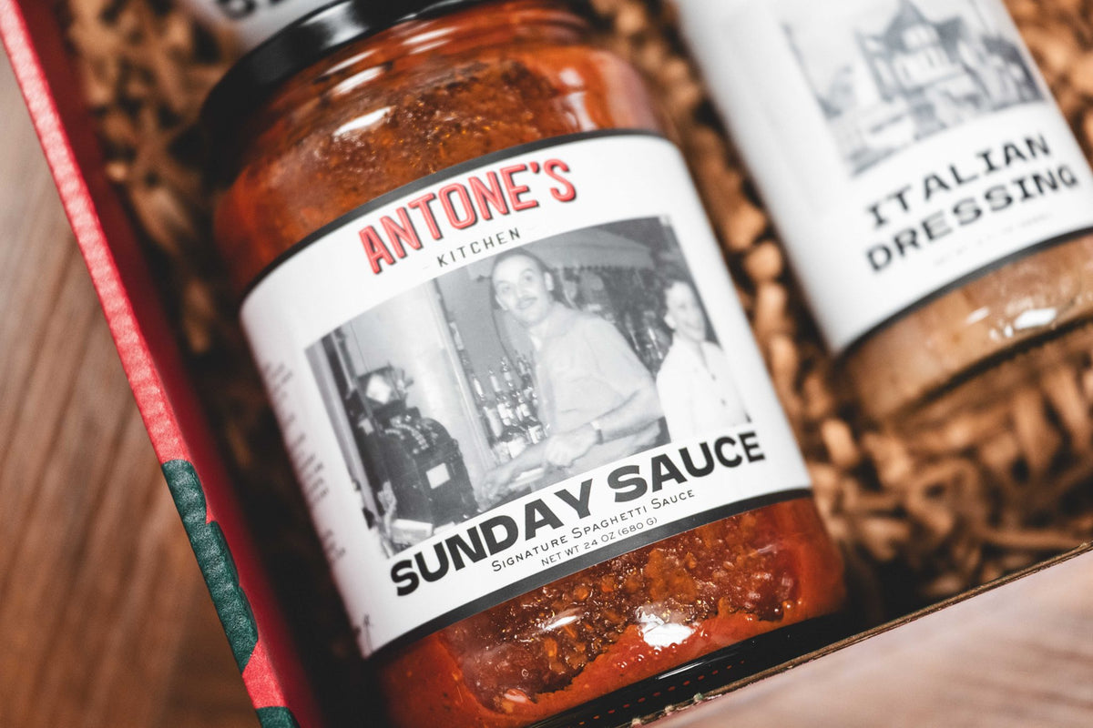 Antone's Kitchen Sunday Sauce jar nestled in a gift box