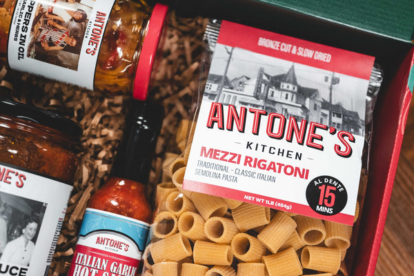 Antone's Kitchen bronze-cut Mezzi Rigatoni pasta bag in a gift box
