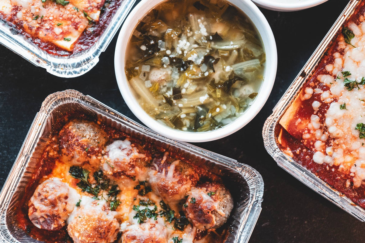 Antone's Baked Meatball Parmesan tray with Italian Wedding Soup