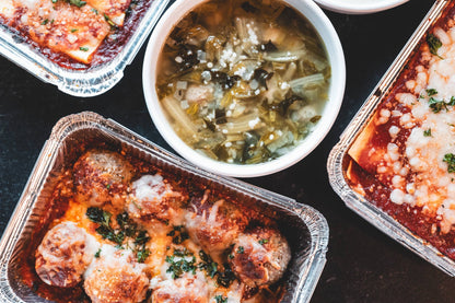 Antone's Baked Meatball Parmesan tray with Italian Wedding Soup