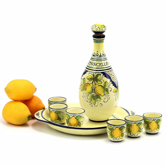 LIMONCELLO: Limoncello Set with Blue trimmings - Bottle with stopper and Tray and 6 Shot Glasses -  (Limocello liquor not included)