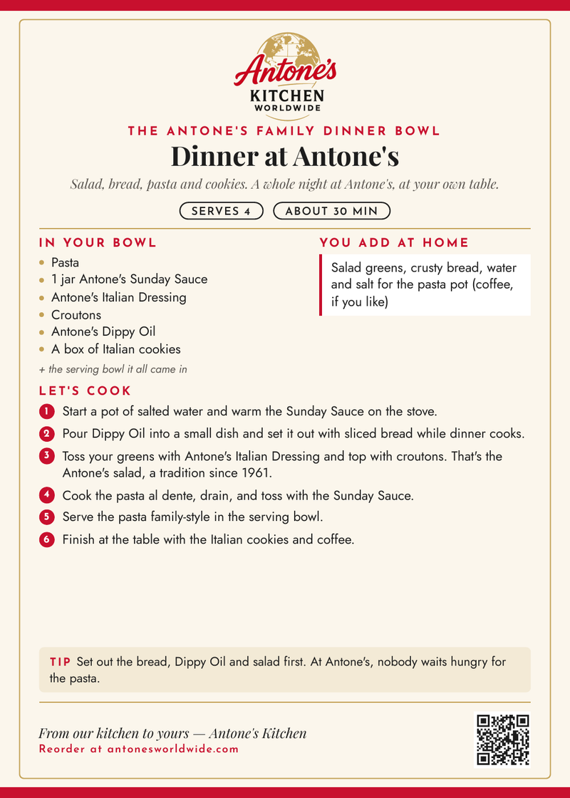 Antone's Family Dinner Gift Bowl recipe card