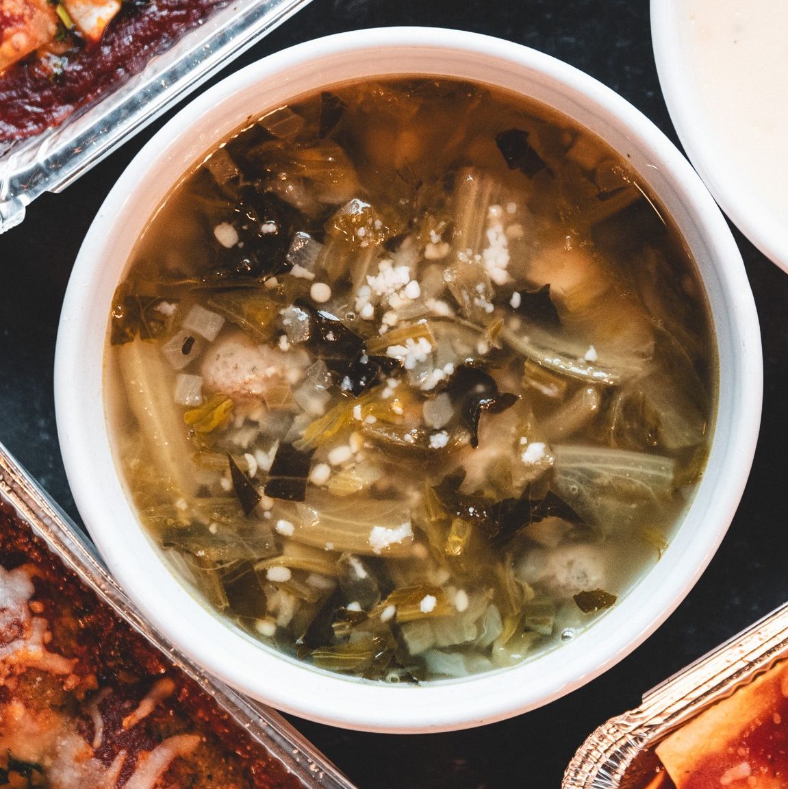 Bowl of Antone's Kitchen Italian Wedding Soup, overhead